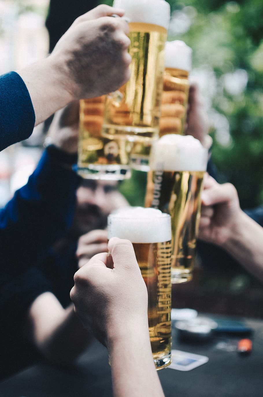 five beer mug filled with beer, human hand, human body part, real people HD wallpaper