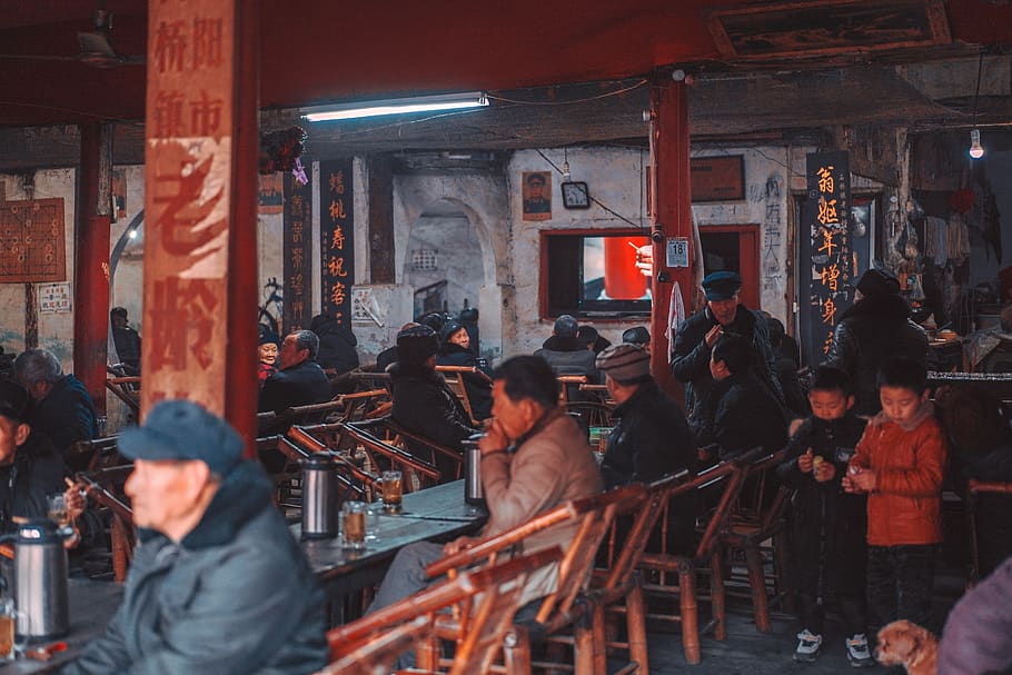 restaurant with crowding people, human, person, cafe, food court HD wallpaper