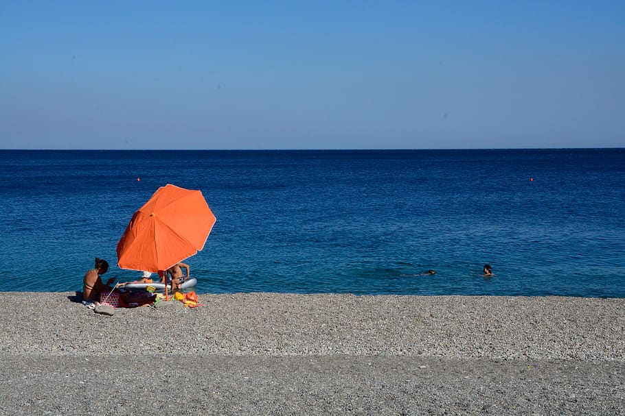 HD wallpaper: italy, sicily, gravel, beach umbrella, sea, seaside