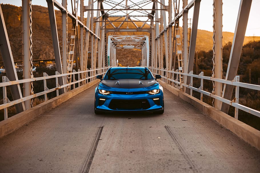blue vehicle on bridge, automobile, car, transportation, railing HD wallpaper