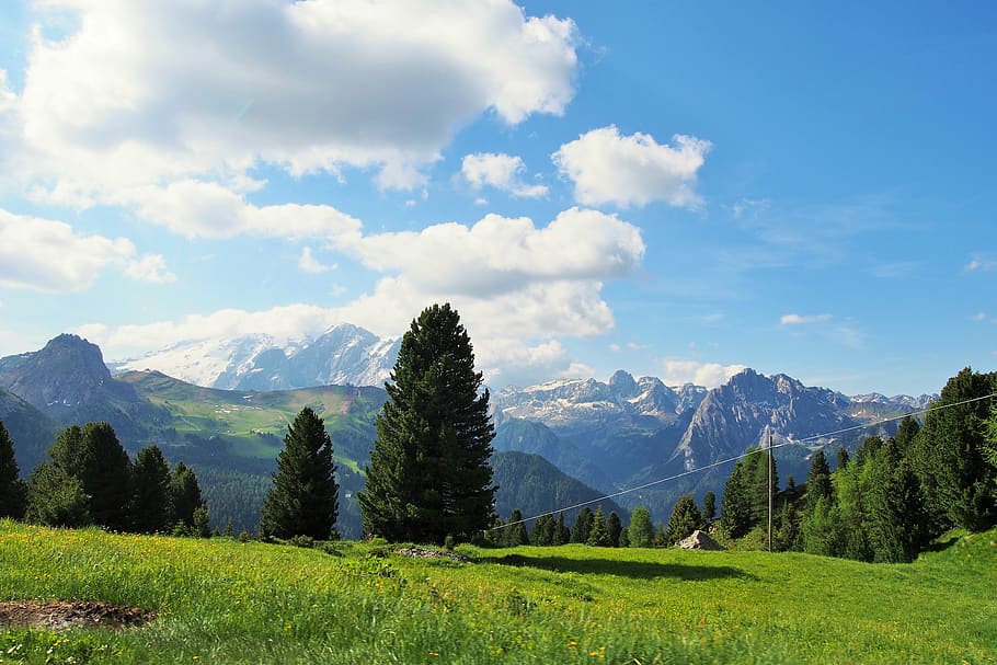 dolomites, mountains, nature, sky, cloud - sky, plant, tranquil scene HD wallpaper
