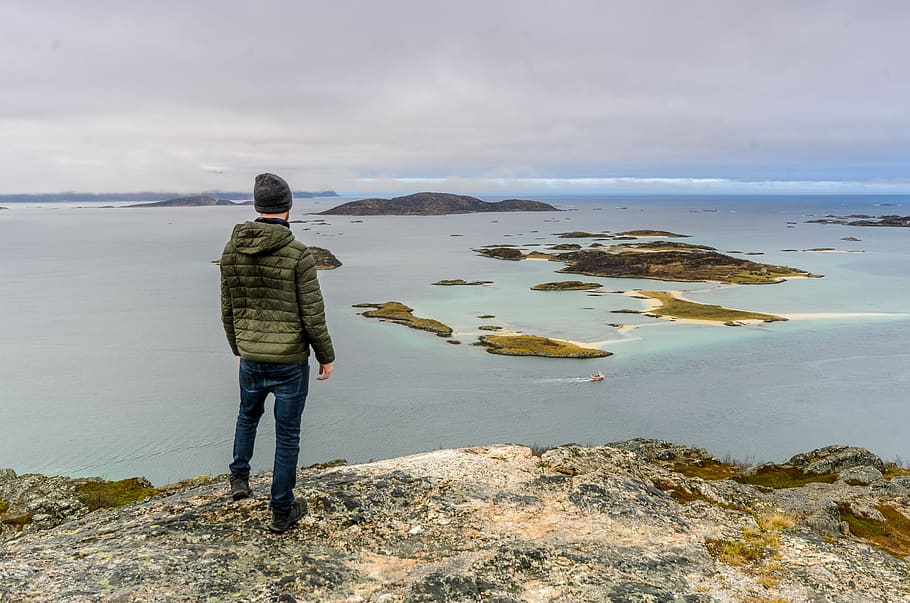 man standing on hill, human, person, nature, land, outdoors, water HD wallpaper