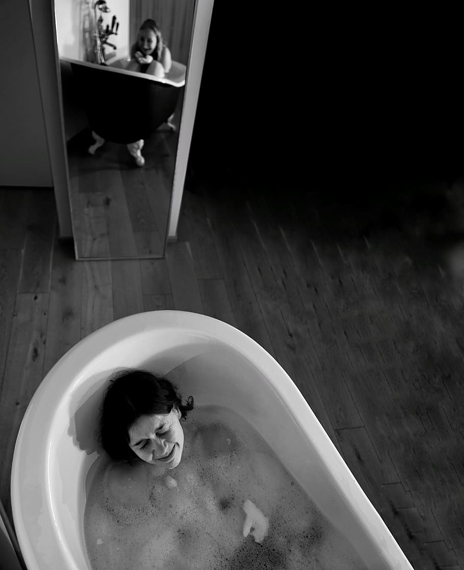 Woman on Bathtub, bathroom, black-and-white, clean, comfort room, HD wallpaper