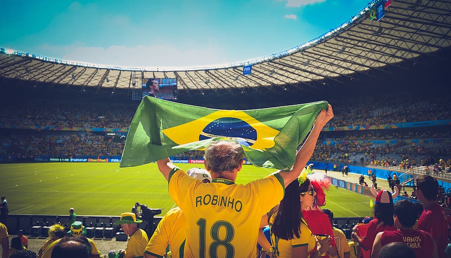 Man Raising Brazil Flag Inside Football Stadium, #18, audience
