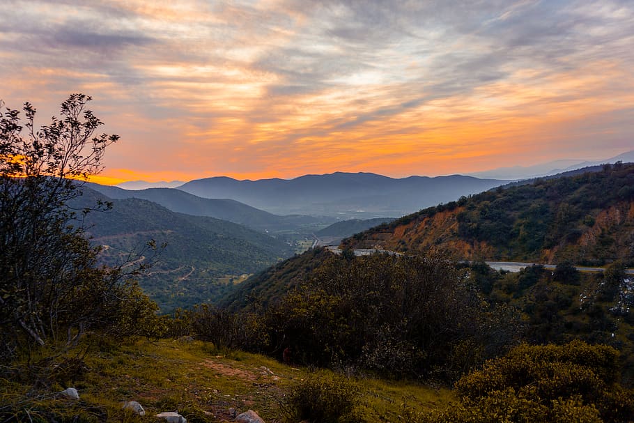mountain range under orange and gray sky, nature, outdoors, peak HD wallpaper