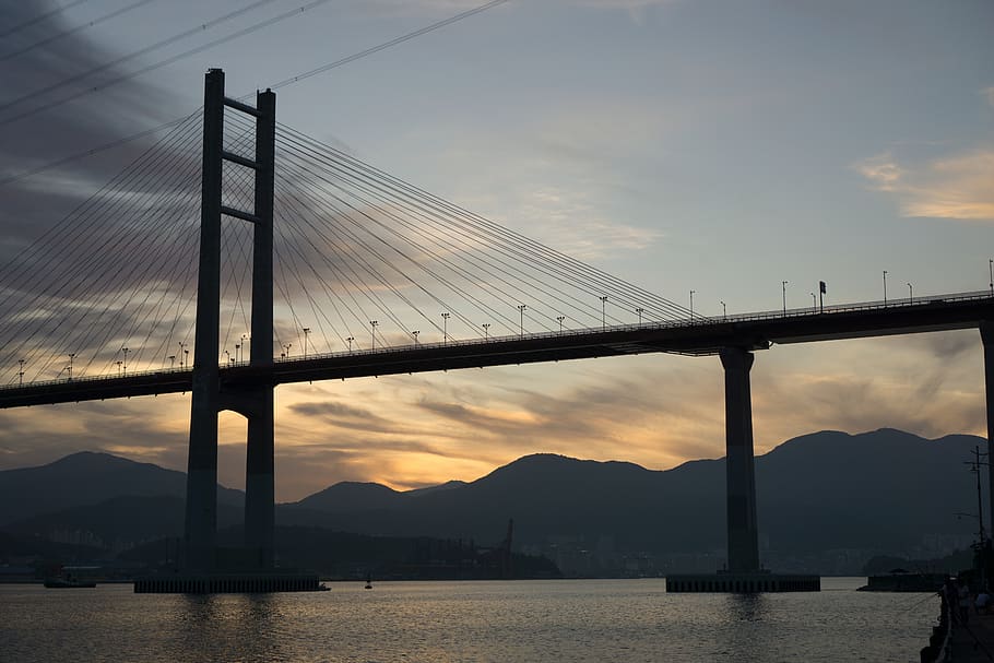 bridge, silhouette, sky, dusk, sea, sunset, cloud, landscape HD wallpaper