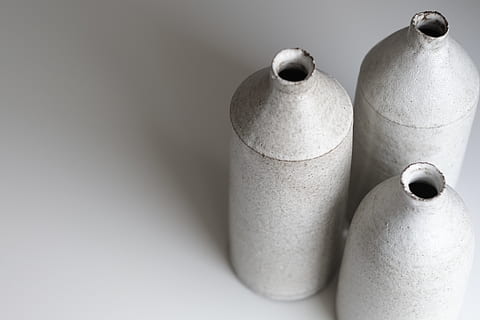three white bottles on white surface, cylinder, pottery, jar HD wallpaper