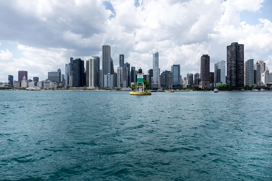Chicago Breakwater, background, bicycle, blue, city, cityscape HD wallpaper