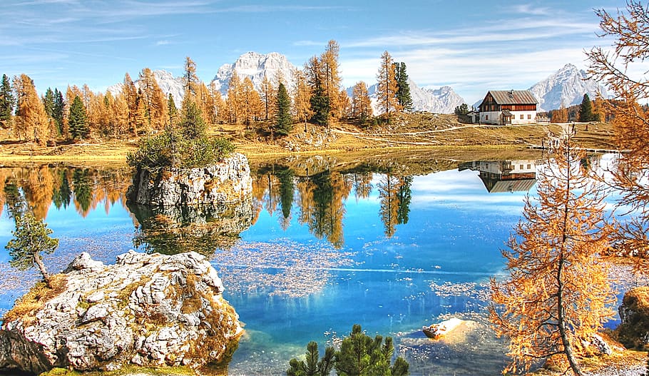 lago federa, dolomites, landscape, alpine, nature, lake, italy, HD wallpaper