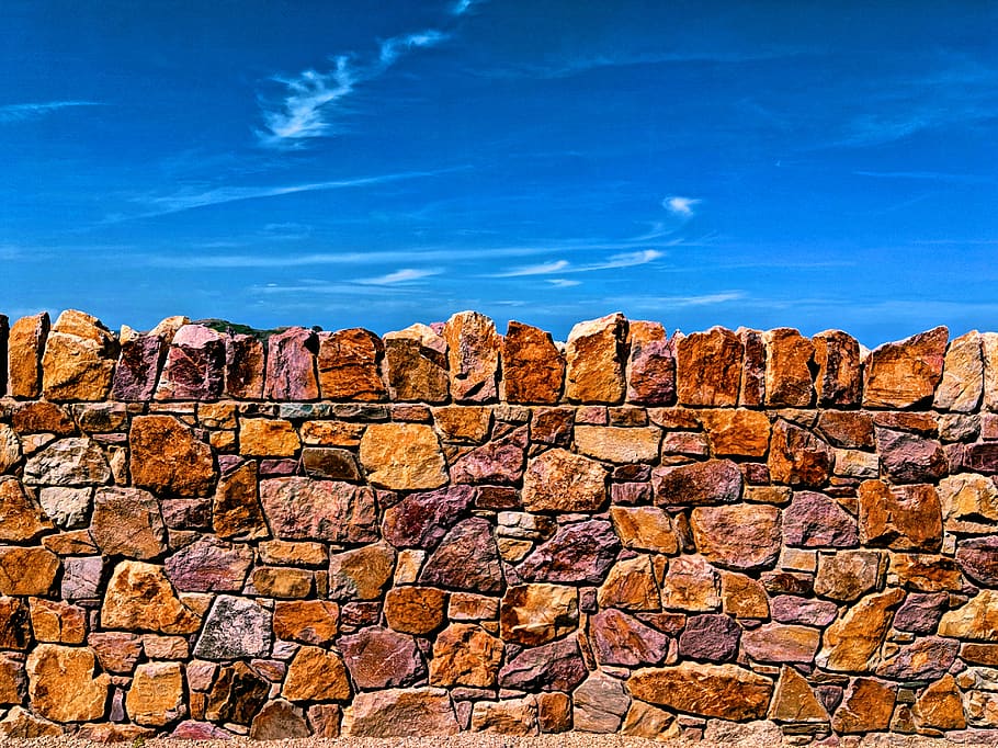 ireland, dublin, howth, wall, cliff, stone, orange, sky, blue