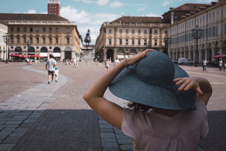 Girl in blue hat on San Carlo square in Turin, ancient, architecture HD wallpaper