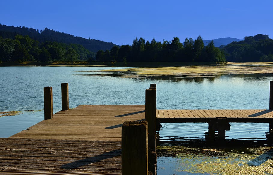 Brown Wooden Dock, blue sky, dawn, landscape, mountains, nature HD wallpaper