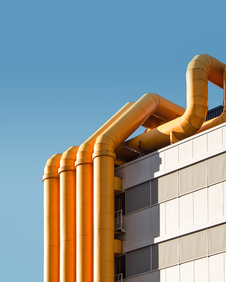 gold pipes, clear sky, industry, blue, no people, day, copy space HD wallpaper