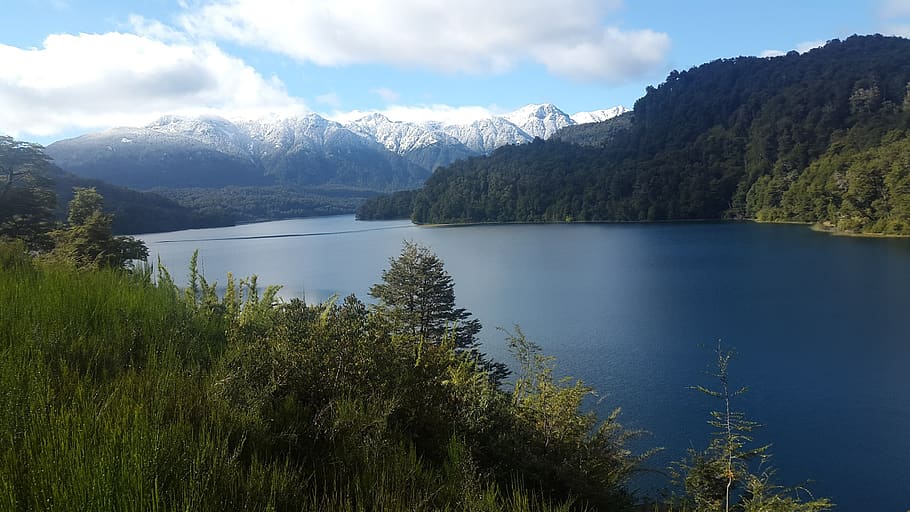 lake, mountain, snow, clouds, trees, nature, landscape, peace HD wallpaper