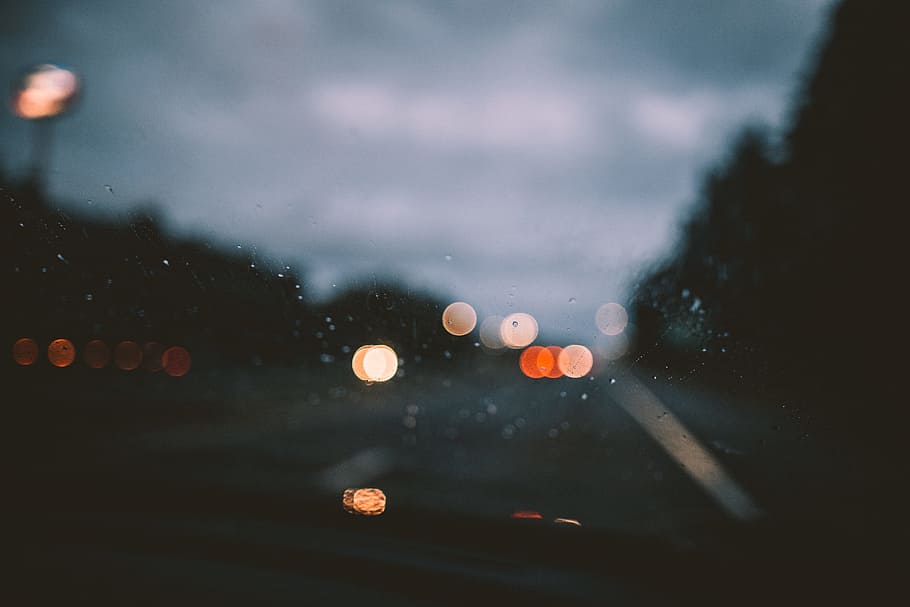 bokeh lights photo, windscreen, wet, rain, road, travel, transport