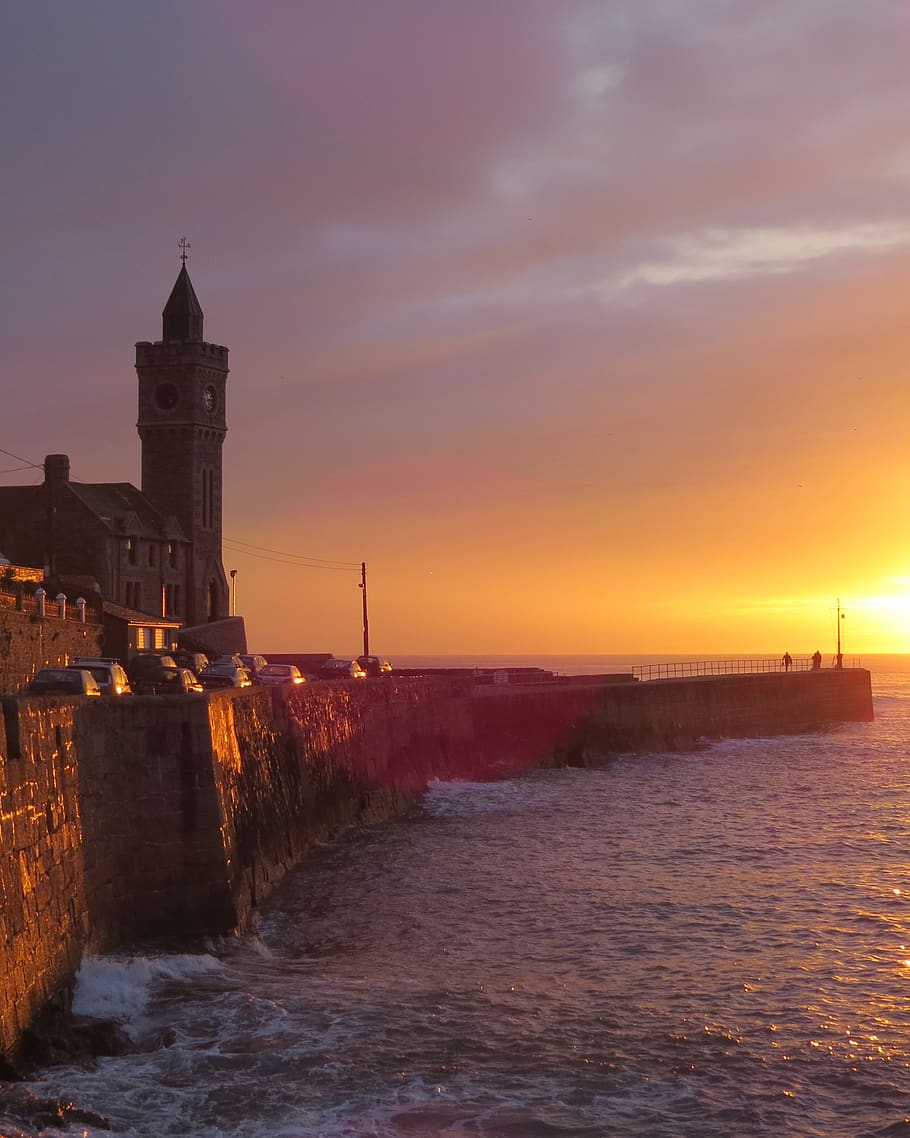 united kingdom, porthleven, sunset, sea, sky, architecture