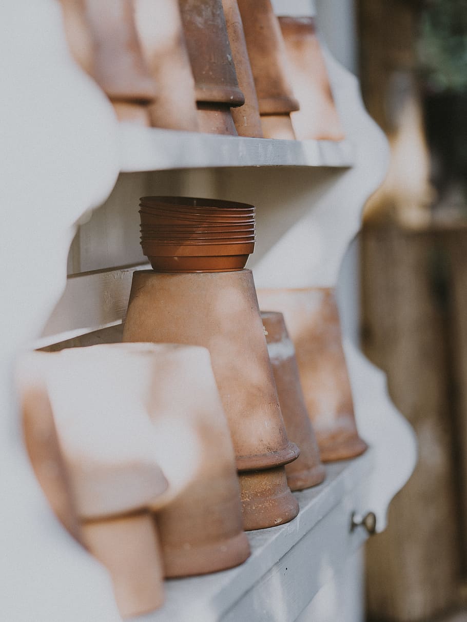 brown clay pots, wood, furniture, hardwood, plywood, shelf, food HD wallpaper