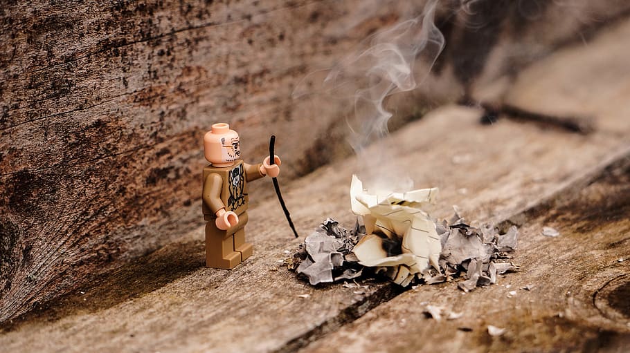 minecraft toy, small, figurine, person, ground, fire, soil, smoke HD wallpaper