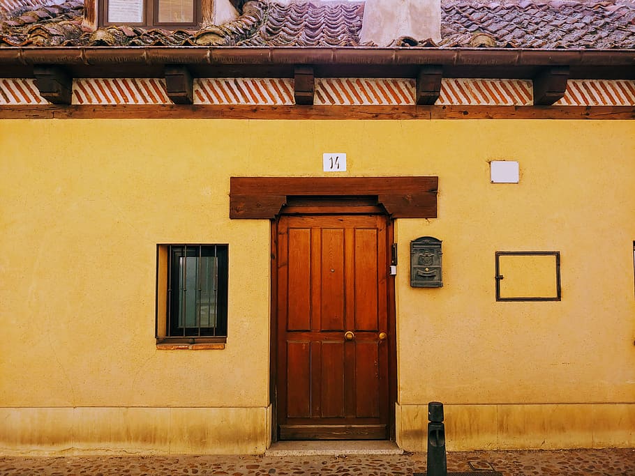 closed brown door, walkway, path, roof, window, wall, yellow HD wallpaper