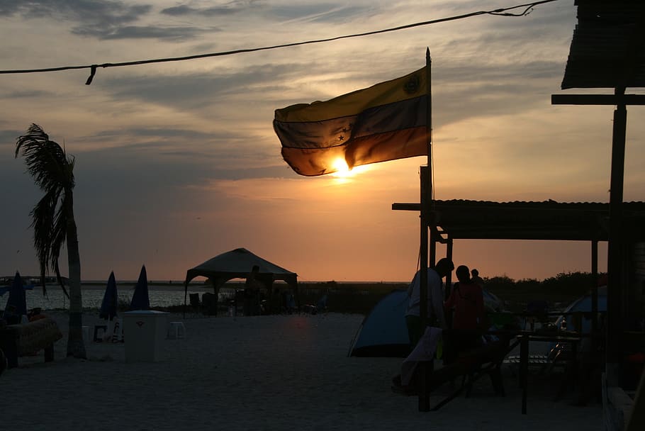 venezuela, tortuga island, sunset, flag, caribbean, southamerica, HD wallpaper