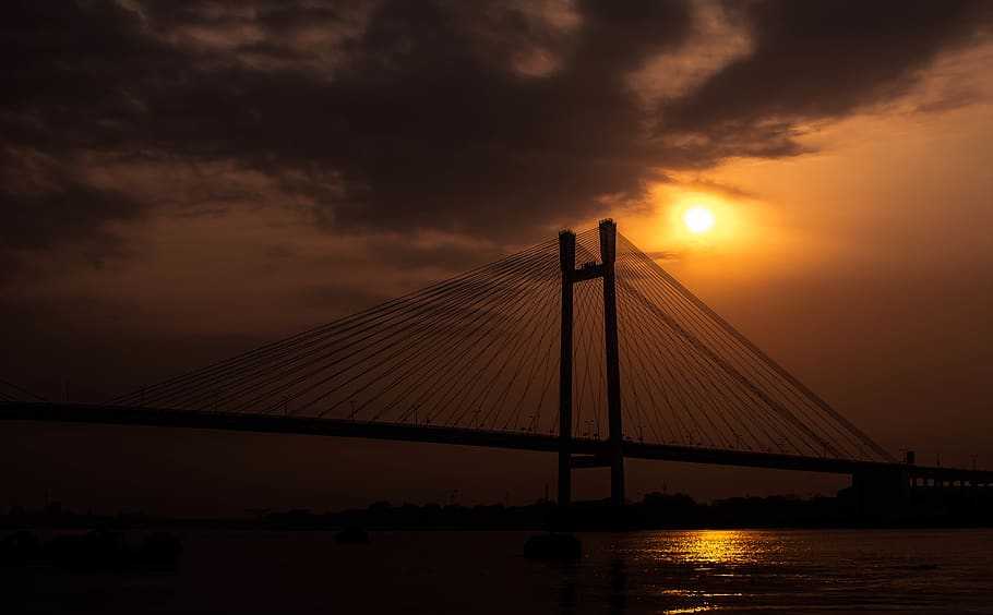 india, kolkata, sunset, bridge, reflection., sky, bridge - man made structure