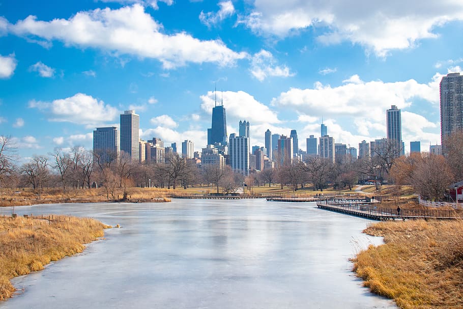 chicago, river, lake, frozen, winter, skyline, city, downtown, HD wallpaper