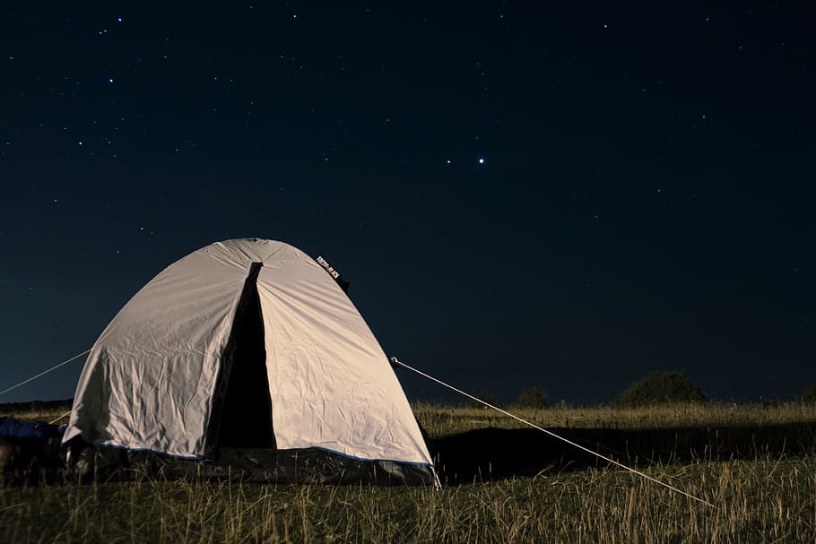 set-up gray tent, night, sky, field, grass, camping, nature, star - space HD wallpaper