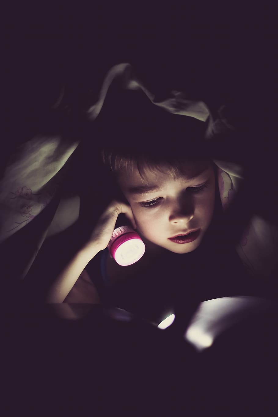 child holding flashlight reading book, portrait, headshot, one person HD wallpaper