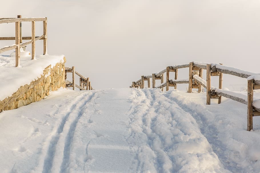 snow-covered bridge, cold temperature, winter, nature, sky, white color HD wallpaper