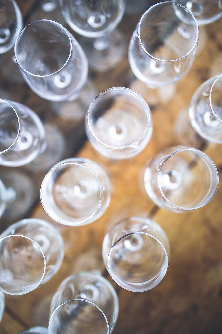 Wine glasses, empty, high angle view, no people, indoors, large group of objects HD wallpaper