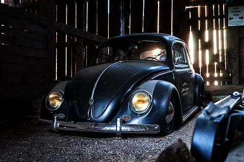 parked black bettle, car, vehicle, transportation, automobile HD wallpaper