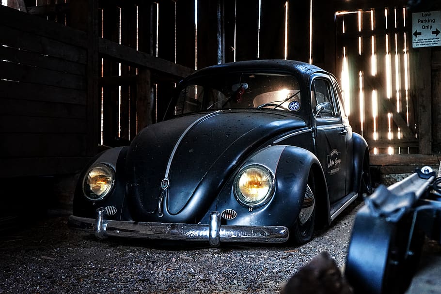 parked black bettle, car, vehicle, transportation, automobile HD wallpaper