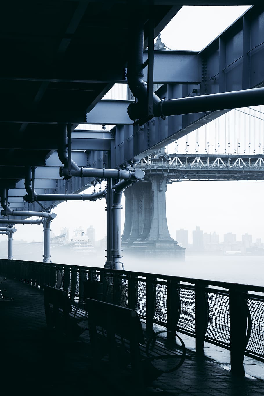 bench front of bridge, railing, handrail, banister, building HD wallpaper