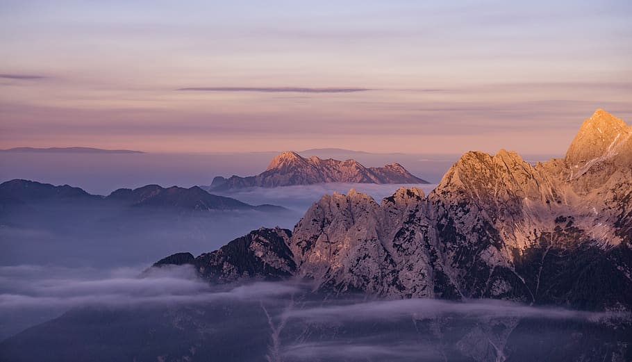 snow mountains during sunrise, beauty in nature, scenics - nature HD wallpaper