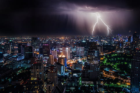 lightning, city, night, sky, weather, thunderstorm, spectacular HD wallpaper