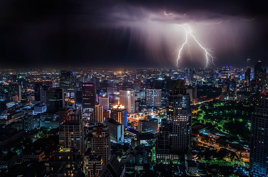 lightning, city, night, sky, weather, thunderstorm, spectacular