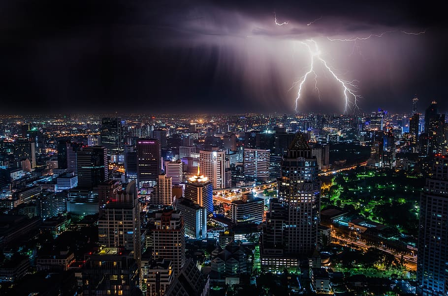 lightning, city, night, sky, weather, thunderstorm, spectacular HD wallpaper