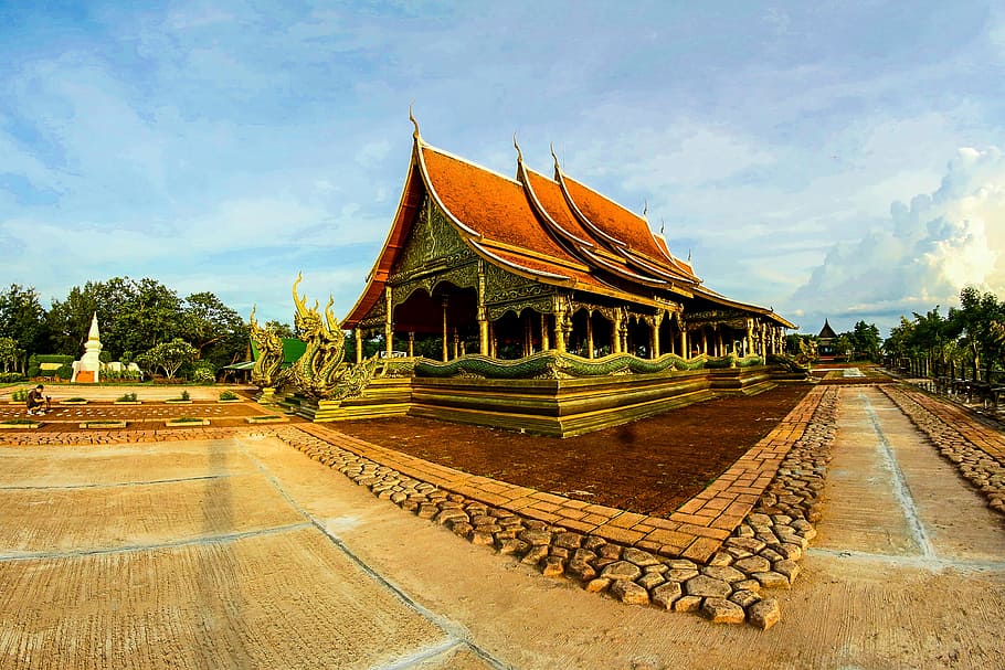Brown Temple Under Cloudy Blue Sky, architecture, Asian, buddhist HD wallpaper