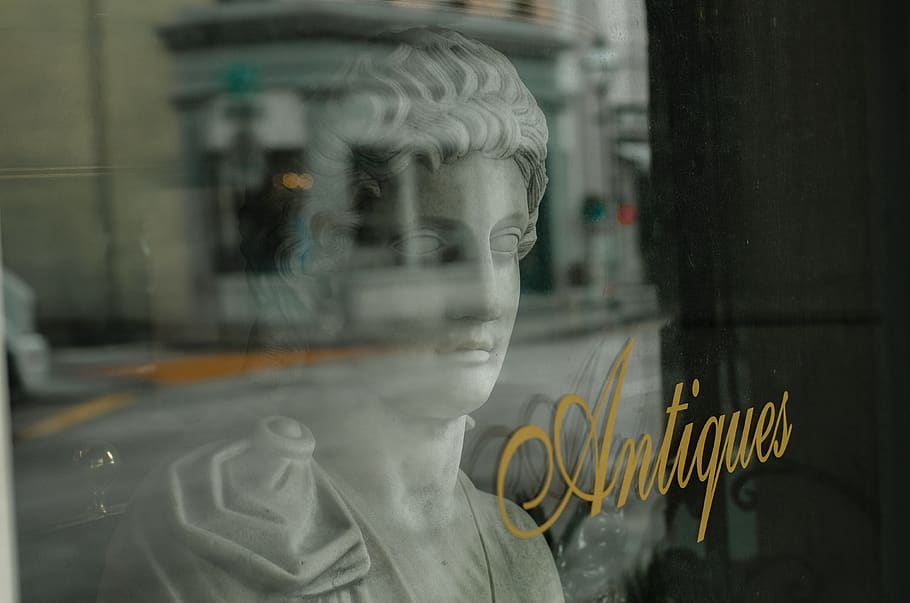 Antiques store, person, human, astronaut, window, face, classical HD wallpaper