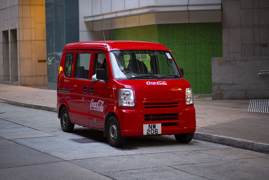 red minivan parked beside road, vehicle, transportation, hongkong, HD wallpaper