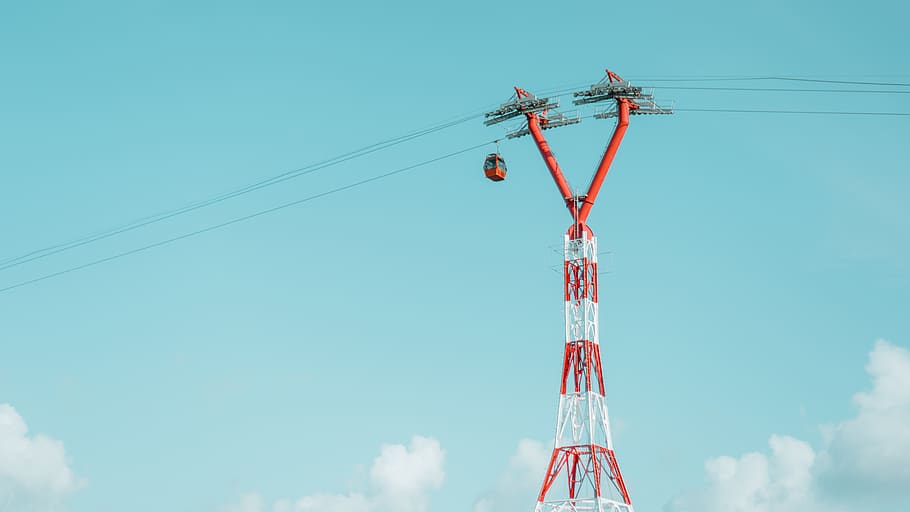 Low Angle Photography of Red and White Utility Tower, blue sky HD wallpaper