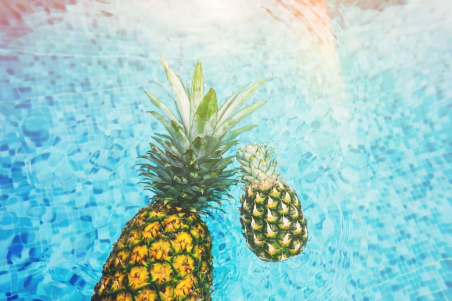 Two Pineapples on Body of Water, bright, bubble, color, flatlay HD wallpaper