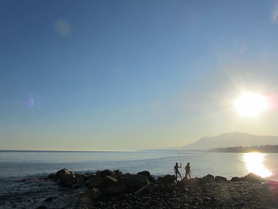 sunset, spain, estepona, sin, beach, blue, seashore, sky, fishing HD wallpaper