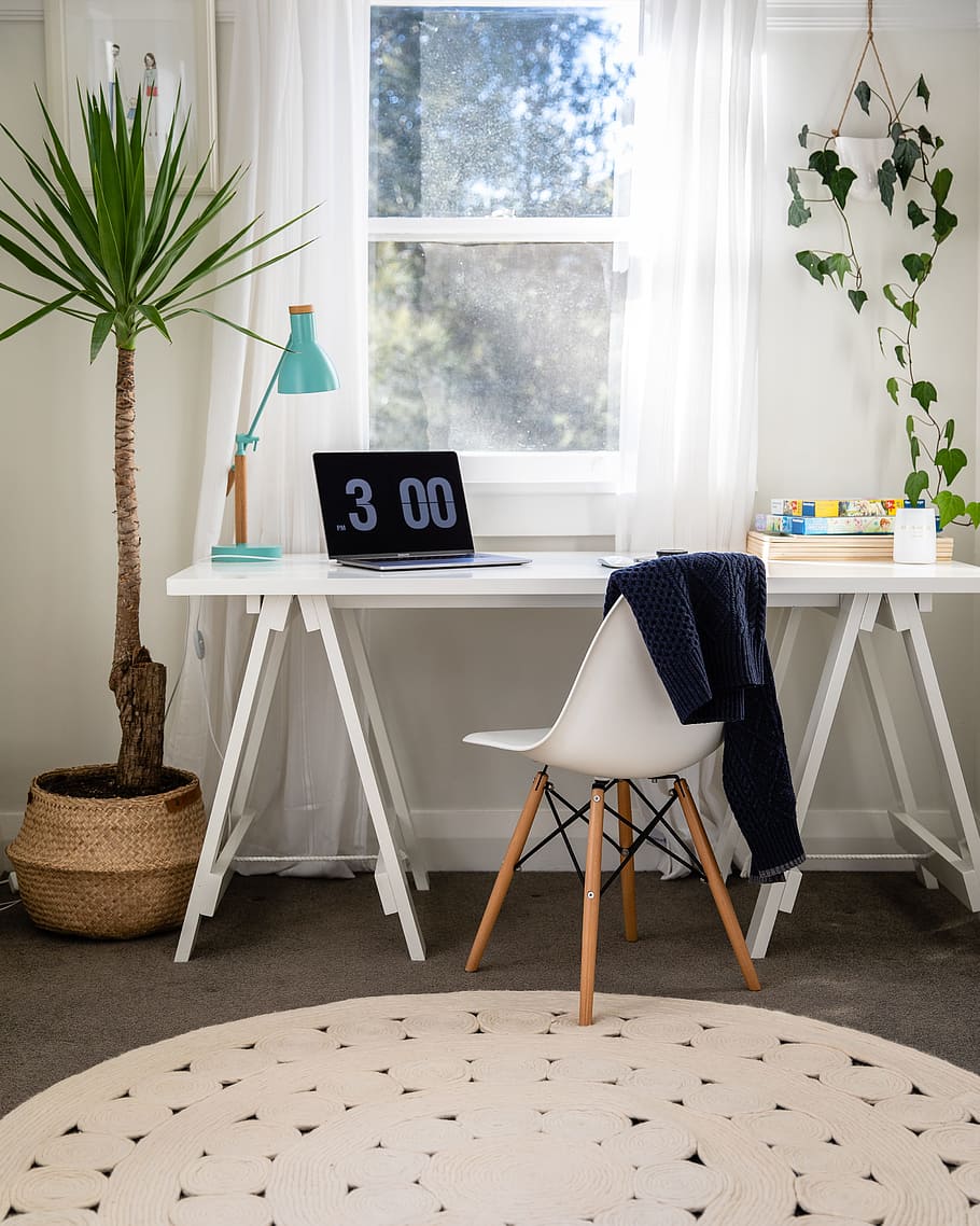 blue textile on chair, interior, desk, table, computer, laptop HD wallpaper