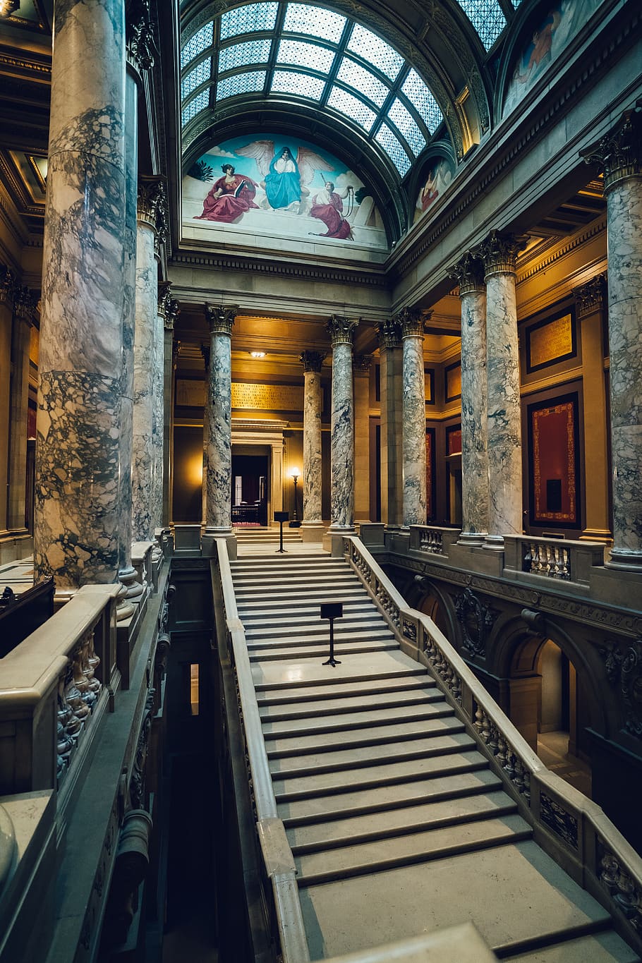 Staircase, architecture, building, ceiling, columns, indoors HD wallpaper