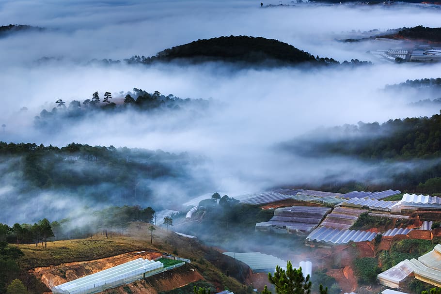 Foggy Mountain Scenery, clouds, dawn, drone shot, dusk, environment HD wallpaper