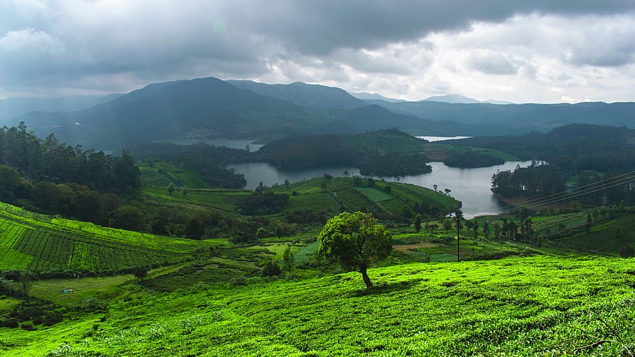 mountain range near lake under cloudy sky, nature, outdoors, field HD wallpaper