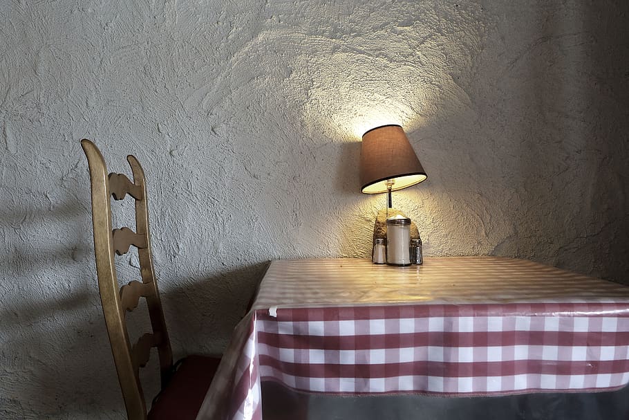 table, chair, lamp, checkered, wall, cover, wall - building feature HD wallpaper