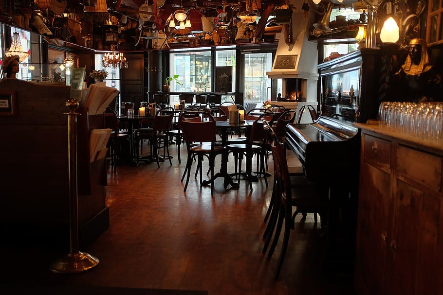 black upright piano, chair, furniture, restaurant, pub, cafe, HD wallpaper
