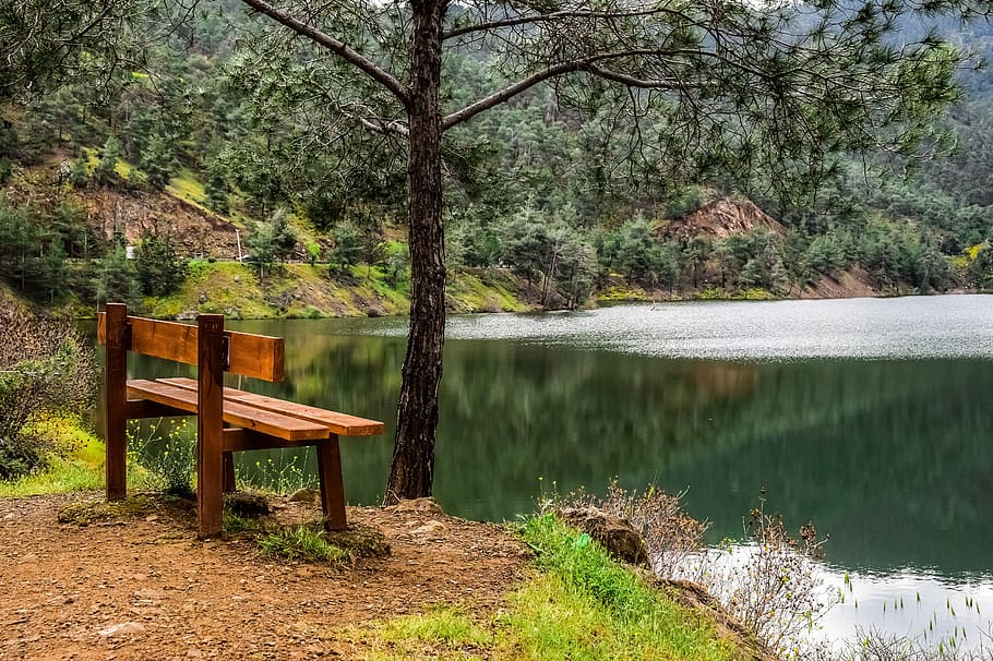 dam, lake, mountains, bench, message of love, view point, landscape HD wallpaper